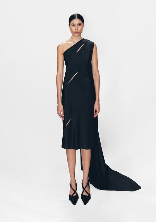 VESTIDO CURTO OMBRO ÚNICO COM CAPA