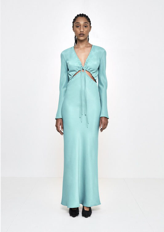 VESTIDO LONGO DE VIÉS COM MANGA