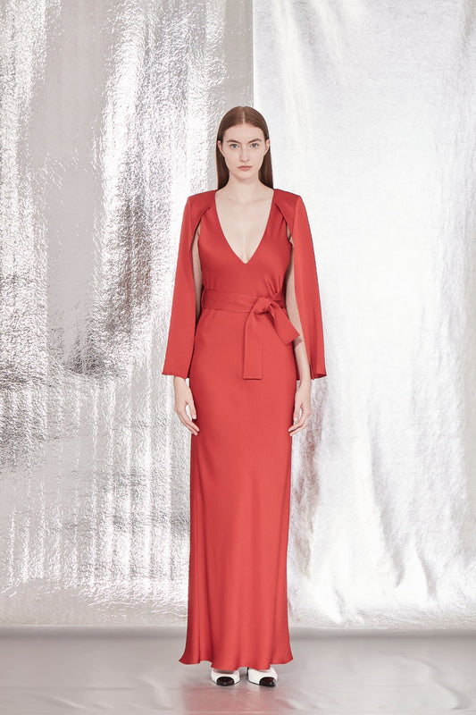 VESTIDO LONGO VIÉS COM PELERINE DE CREPE