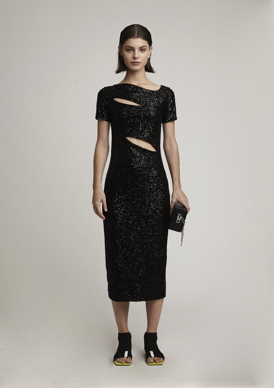 VESTIDO MIDI VAZADO DE PAETÊ