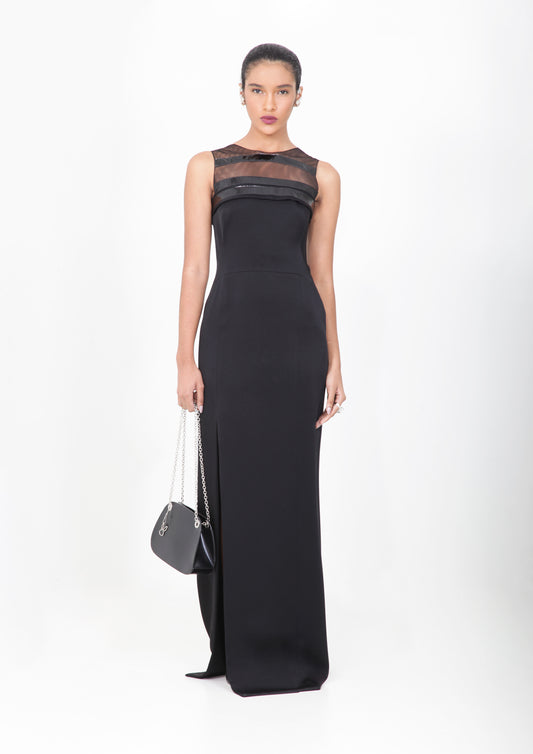 VESTIDO FESTA COM FENDA E VERNIZ