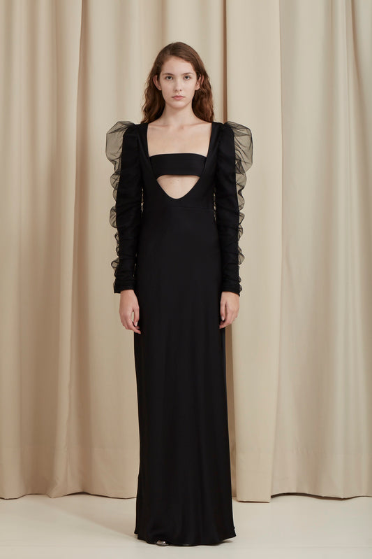 VESTIDO LONGO MANGA TULE FRANZIDA