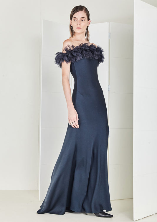 VESTIDO VIÉS OMBRO A OMBRO COM FLORES