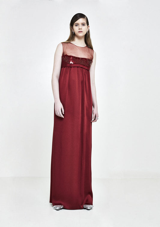 VESTIDO DE CREPE COM DETALHE DE TULE PAETÊ