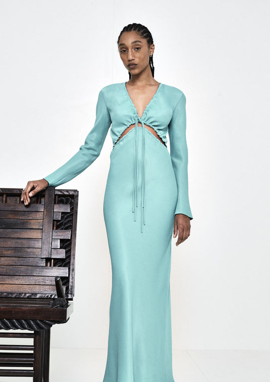 VESTIDO LONGO DE VIÉS COM MANGA