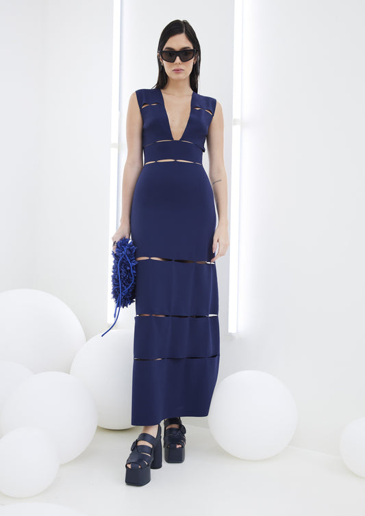 VESTIDO LONGO COM RECORTES TECH PRENE