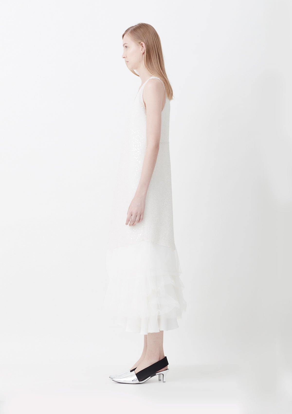 VESTIDO MIDI BABADO NA BARRA CREPE E TULE