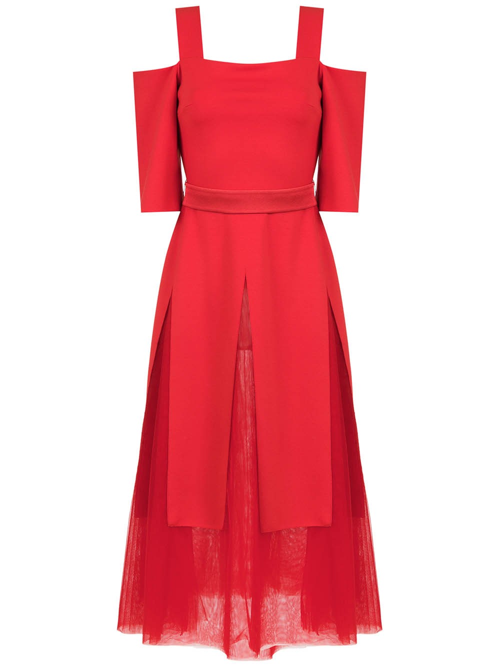 VESTIDO CURTO OMBRO A OMBRO CREPE E TULE