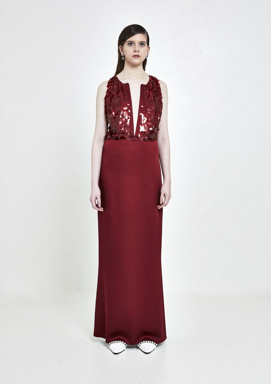 VESTIDO LONGO DE CREPE COM PAETÊ