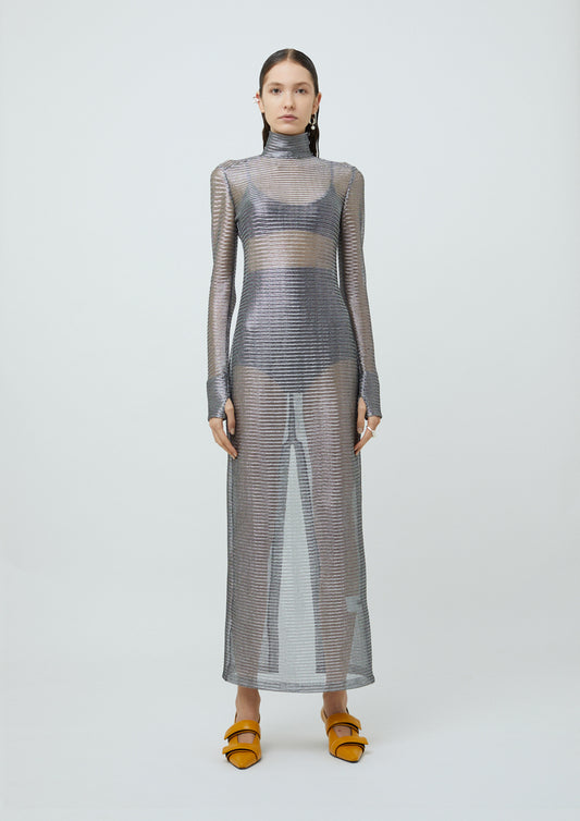 VESTIDO GOLA ROLÊ DE TELA METÁLICA
