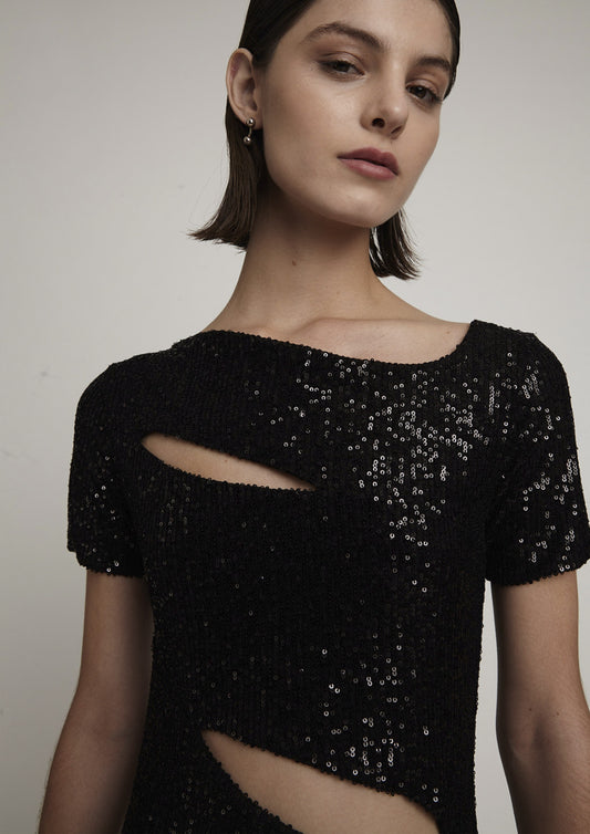 VESTIDO MIDI VAZADO DE PAETÊ