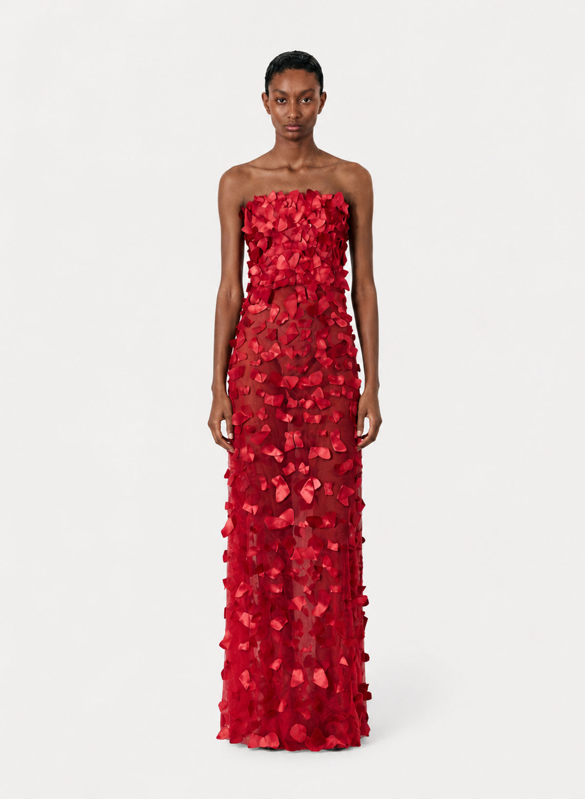 VESTIDO SEM ALÇA COM FLORES PÉTALAS